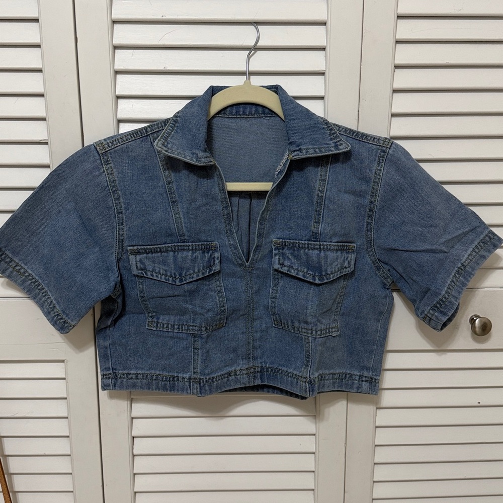 Denim Cropped Y2K Short Sleeve Lapel Top NWOT